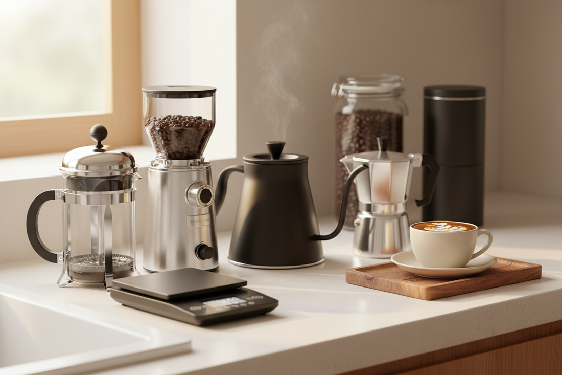 The art of coffee making showcased with brewing tools and a fresh latte for coffee lovers