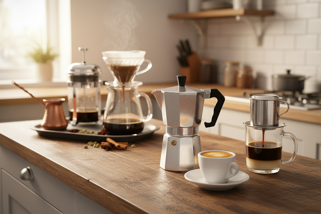 Coffee brewing guide featuring global coffee makers and fresh brews for coffee lovers and explorers